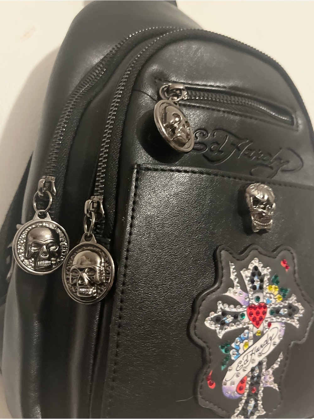 Ed Hardy Black mini Backpack with Jeweled Cross and Skull Charms